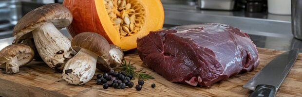 Steinpilze, halbierter Kürbis, Wacholderbeeren und Rehkeule auf einem Holzbrett in einer Profiküche